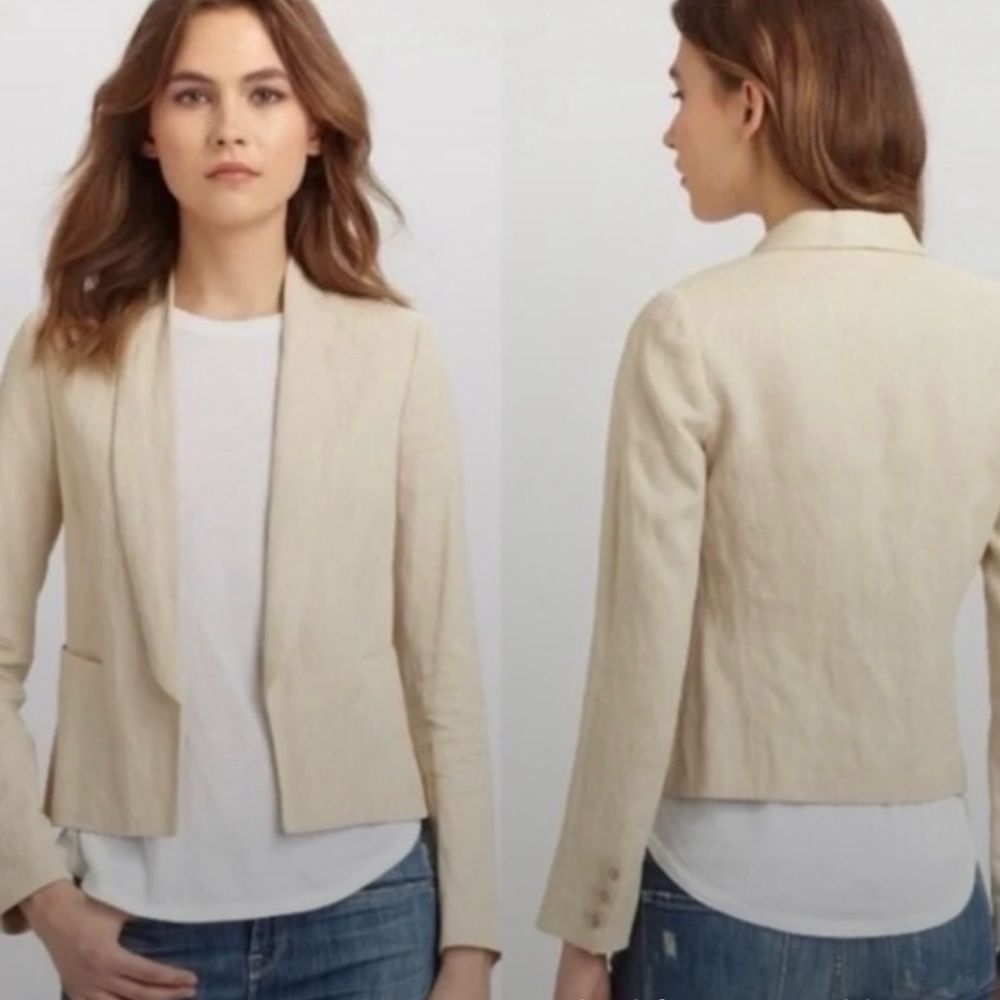Vince Linen Blend Rustic Open Front Blazer Cropped Oatmeal Beige Size 10 - Picture 4 of 8